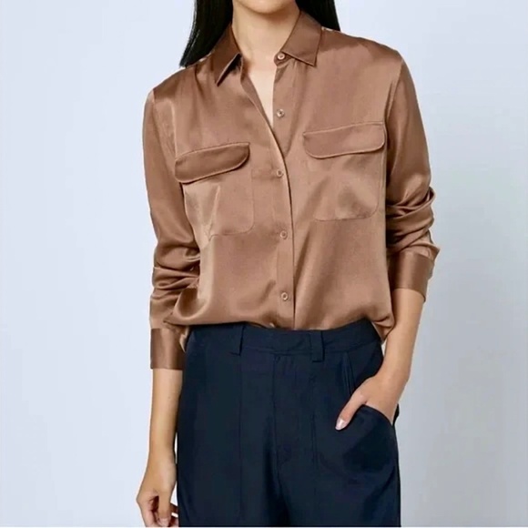 EQUIPMENT Signature Satin Button Up Shirt Blouse in Doeskin Mocha Mousse Brown - Picture 1 of 12